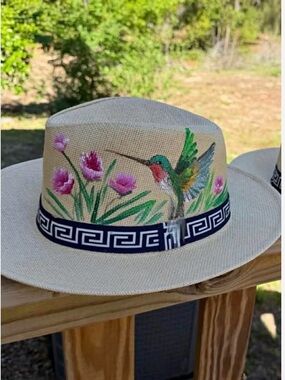 Hand-Painted Straw Fedora with Hummingbird and Flowers